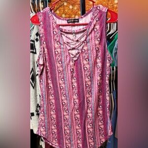 Almost Famous Pink Striped Floral Lace-Up Tank | XL | GUC